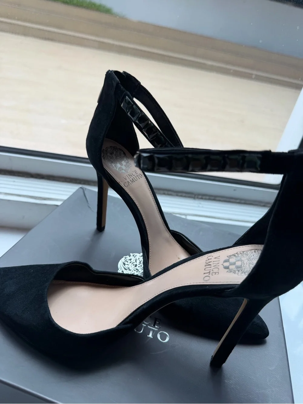 Vince Camuto Black Suede Pointed-Toe Ankle-Strap Heels